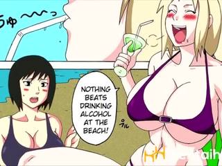 Naruto plan a trois à la plage avec tsunade, hinata et sakura